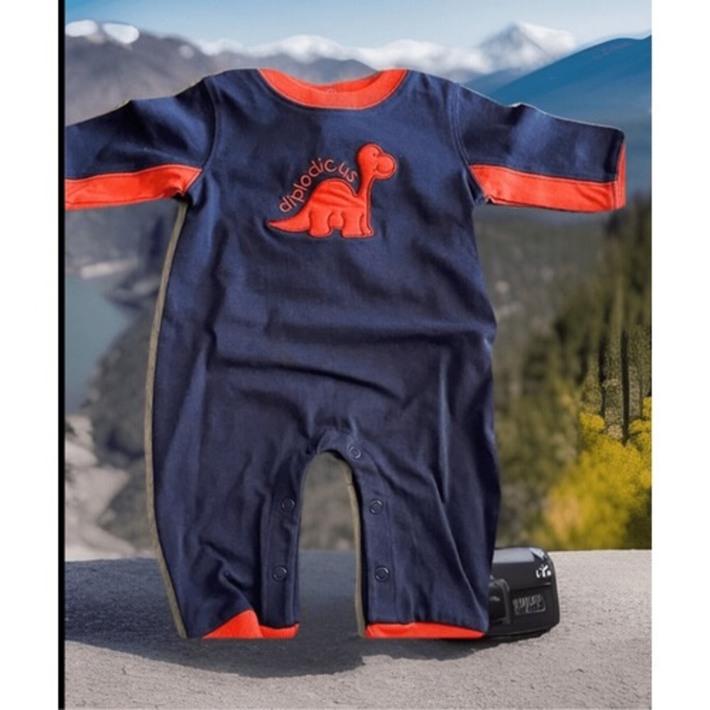 Samurai Navy Infants Diplodocus Dinosaur Romper Navy Orange 0-3 Months SBKNB